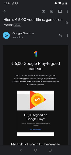 Google geeft Google One-gebruikers 5 euro Play Store tegoed